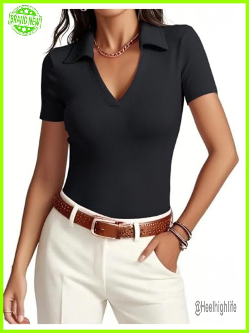 Women's Slim Fit Short Sleeve V-Neck Work Polo Shirt Business Casual